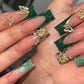 24Pcs Press on Nails Long Green French Tip Fake Nails Square Nails Press Ons Gold Glitter False Nails with 3D Butterfly Designs Artificial Long Square Glue on Nail Stick on Nail for Women