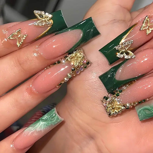 24Pcs Press on Nails Long Green French Tip Fake Nails Square Nails Press Ons Gold Glitter False Nails with 3D Butterfly Designs Artificial Long Square Glue on Nail Stick on Nail for Women
