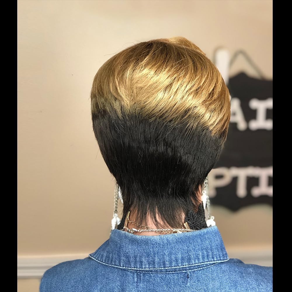 HOTKIS Short Human Hair Wigs for Black Women Short Blonde Bob Pixie Cut Wig Human Hair Short Wigs Human Hair Natural Straight Pixie Wig with Bangs Ombre Blond 1b/27# 8inch