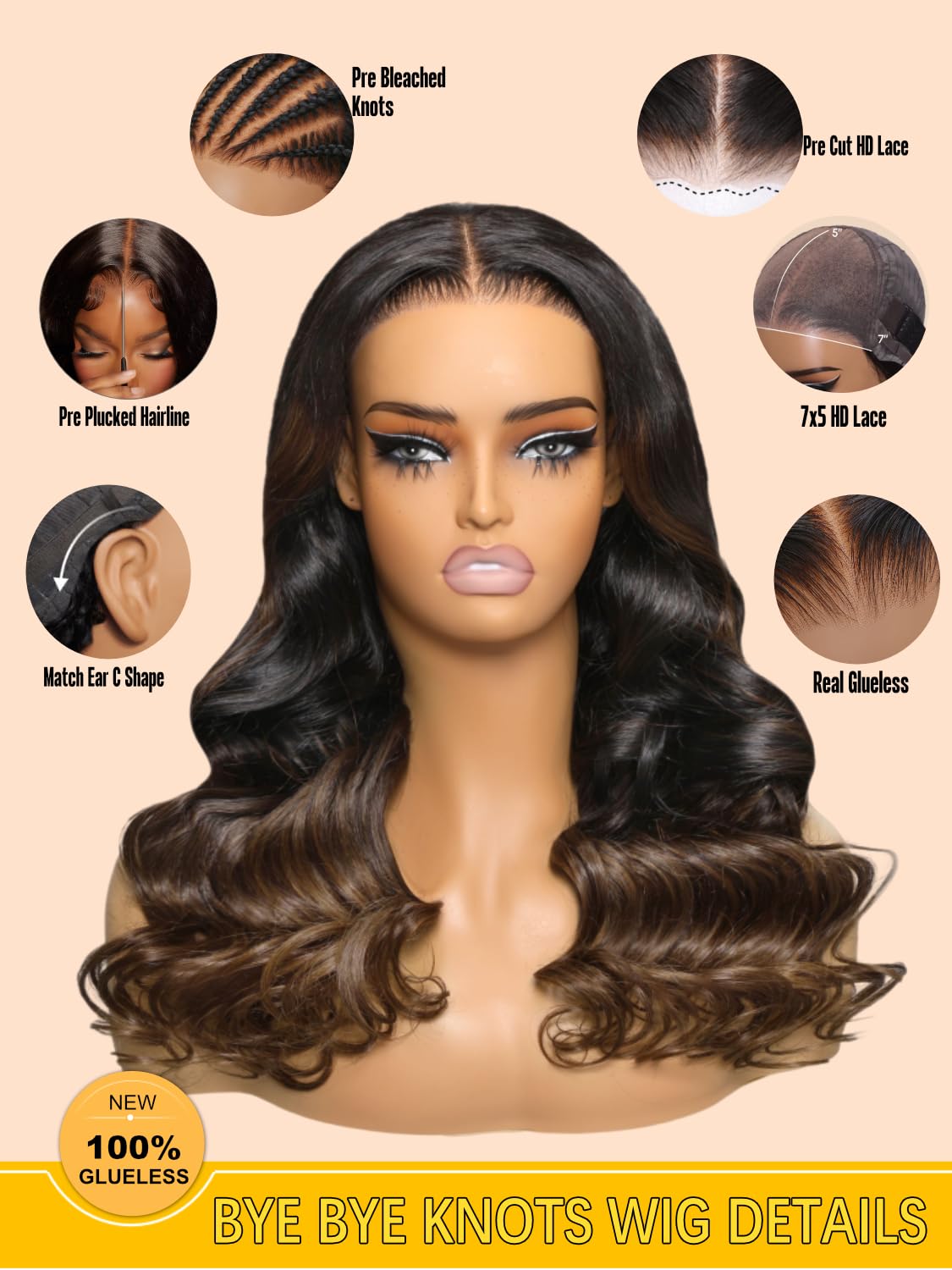 Sunber Bye Bye Knots Glueless 7x5 Lace Front Human Hair Wig Loose Wave Plucked Pre Cut Lace Invisible Knots Put On and Go Chestnut Brown Ombre Color Ready to Wear Wig 150% Density 20Inch