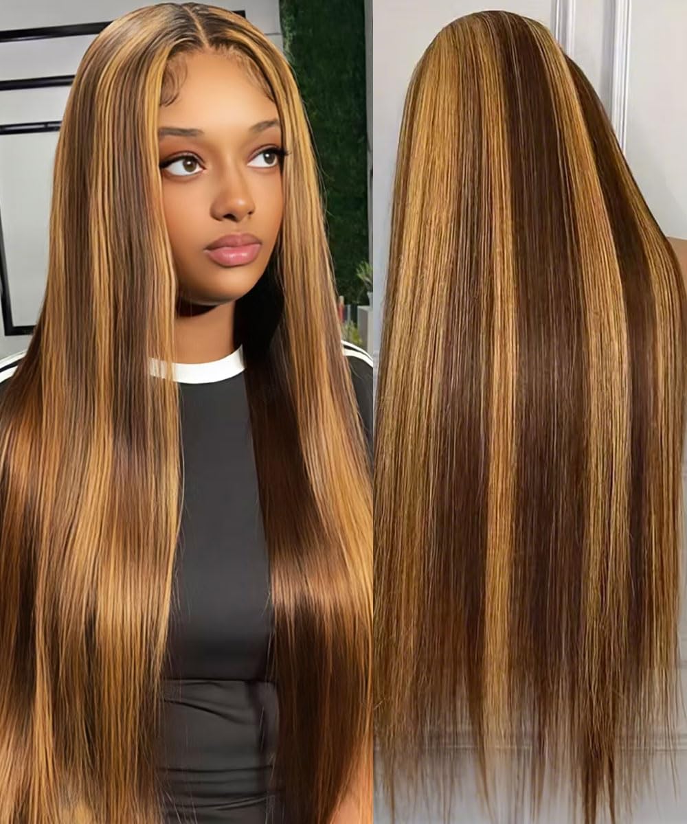 WOOMN 13x6 Lace Front Wigs Human Hair Highlight Ombre HD Lace Frontal Wig Pre Plucked Tangle-Free 200 Density Brown 4/27 Colored Real Virgin Human hair Wig Can Last 6-9 Months 28 Inch