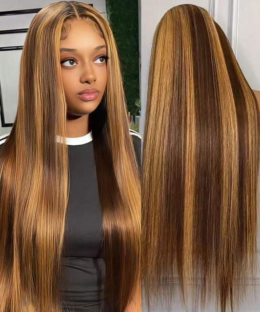 WOOMN 13x6 Lace Front Wigs Human Hair Highlight Ombre HD Lace Frontal Wig Pre Plucked Tangle-Free 200 Density Brown 4/27 Colored Real Virgin Human hair Wig Can Last 6-9 Months 28 Inch