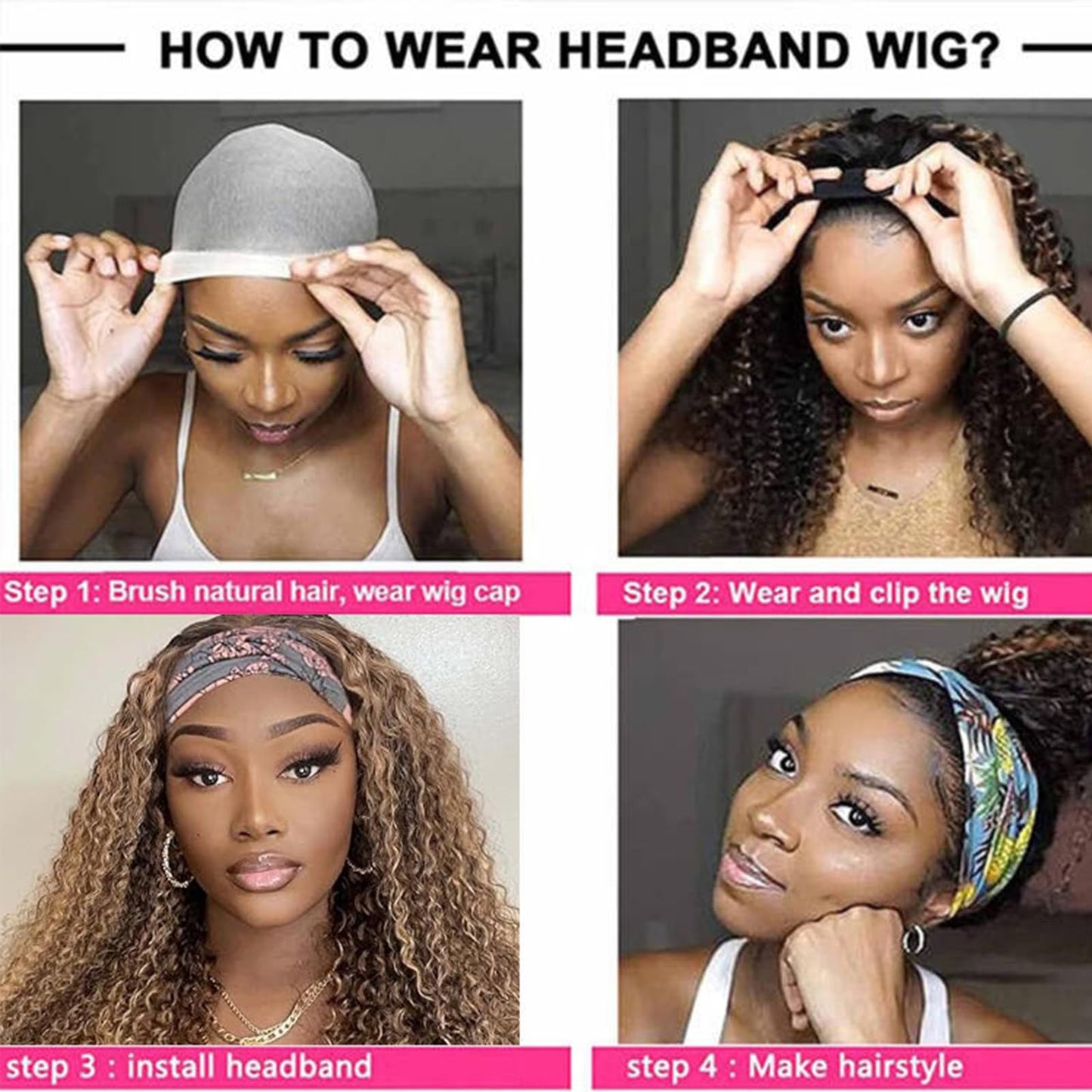 Ombre Highlight Headband Wig Human Hair #4/27 Colored Kinky Curly Headband Wig for Black Women Glueless None Lace Front Human Hair Wigs Brazilian Virgin Hair Wear and Go Wigs 150% Density 24 Inch