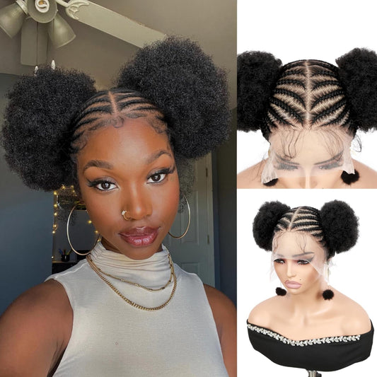 Quick Wig Braided Wigs Afro Puff Wig 360 Full Lace Puff Bun Updo Hair for Women Braided Lace Front Wig with Baby Hair Synthetic Handmade Braids Puff Wig Donut Chignon Wig (1B)