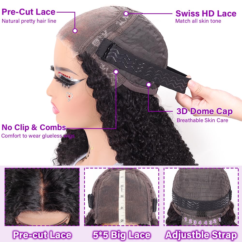 UCUVIC Wear And Go Glueless Wigs Human Hair Pre Plucked Pre Cut Curly 5x5 Jerry Curly Bob Wig Human Hair Lace Front Closure Wigs For Black Women 200 Density Curly Wig Glueless Wear And Go Black 18Inch