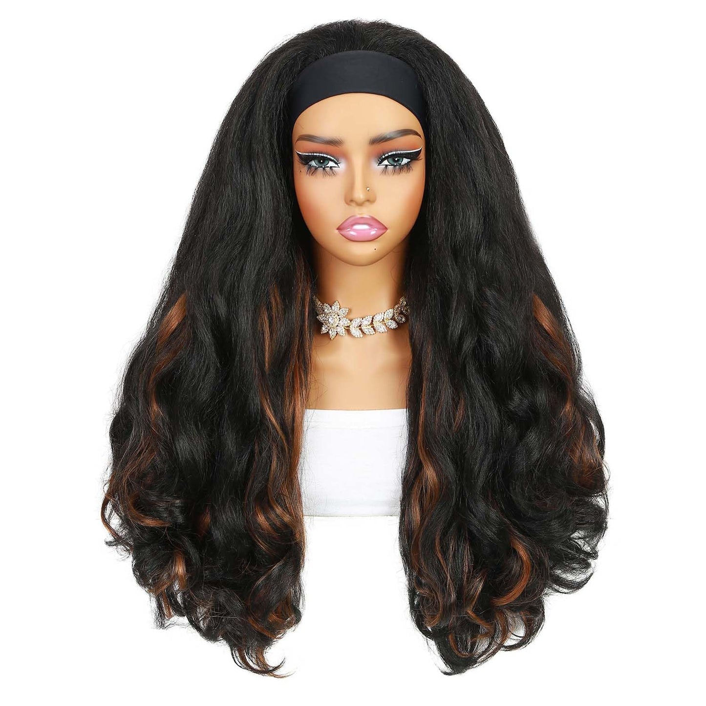 Quantum Love Yaki Curly Headband Wigs for Black Women Kinky Straight Ombre Brown Headband Curly Ends Synthetic Wear and Go Glueless half Wig with Headbands Attached