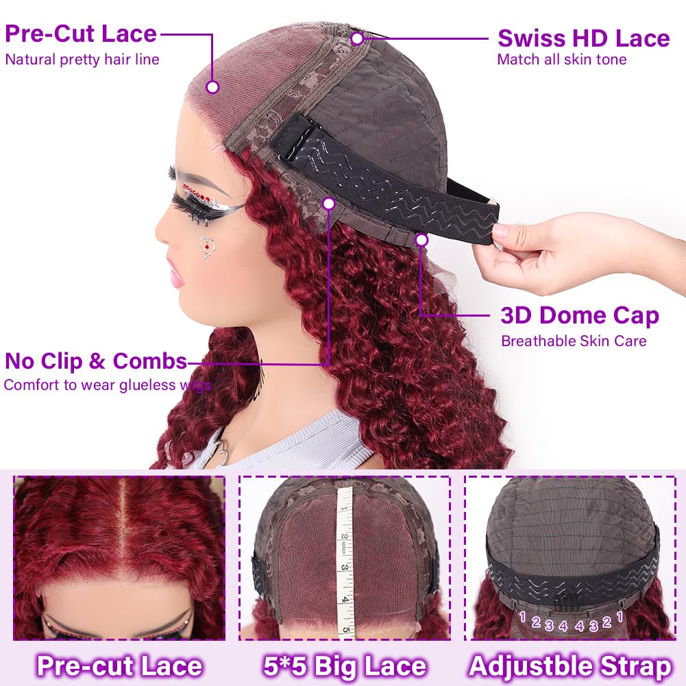 UCUVIC Wear And Go Glueless Wigs Human Hair Pre Plucked Pre Cut Curly 5x5 Deep Wave Bob Wig Human Hair Lace Front Closure Wigs For Black Women 200Density Wig Glueless Wear And Go Burgundy 18 Inch