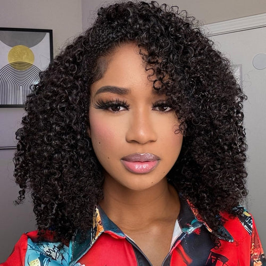 VFFTI Kinky Curly 3 In 1 Half Wig Human Hair 200% Density Glueless Wigs Human Hair for Women 16 Inch Wear Go Curly Seamless Flip Wig Invisible Hairline Beginner Friendly