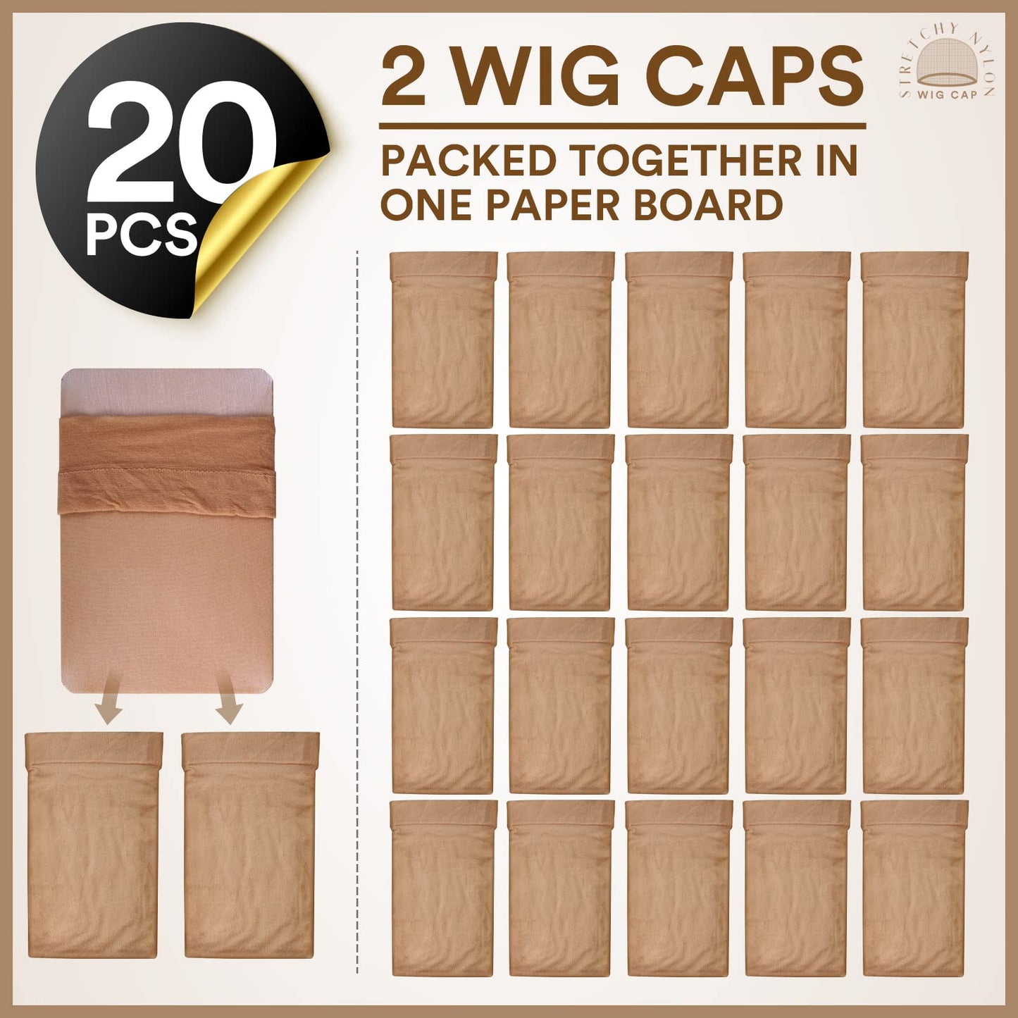 Teenitor Wig Cap, 20pcs Stocking Caps for Wigs, Tan Wig Cap for Women, Stretchy Nylon WigCap Beige