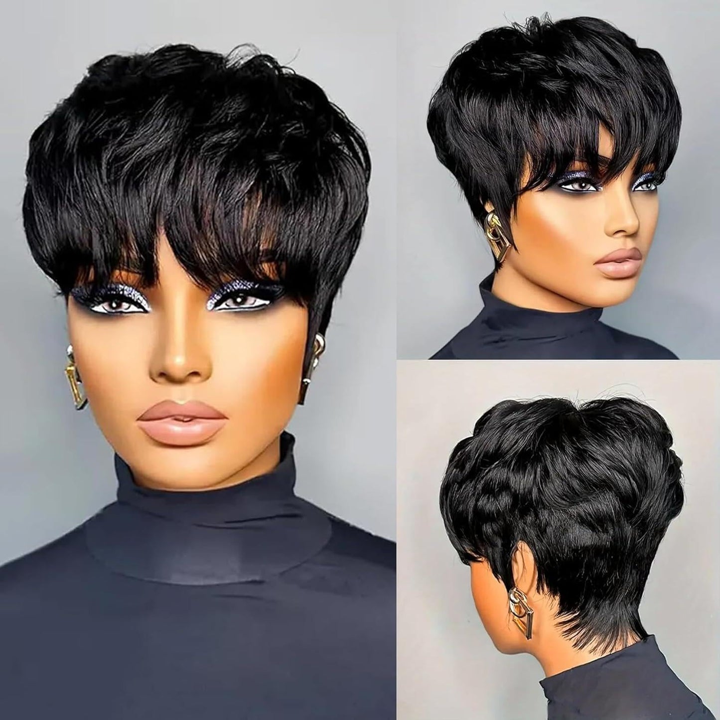 QiaQiaRing Chic Elegent Pixie Cut Wigs for Black Women Natural 1B Color Short Layered Pixie Cut Human Hair Wigs For Women Glueless Brazilian Virgin Human Hair (natural black)