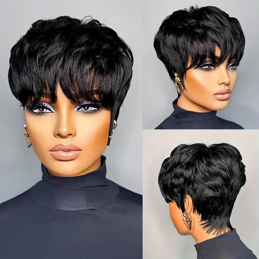 QiaQiaRing Chic Elegent Pixie Cut Wigs for Black Women Natural 1B Color Short Layered Pixie Cut Human Hair Wigs For Women Glueless Brazilian Virgin Human Hair (natural black)