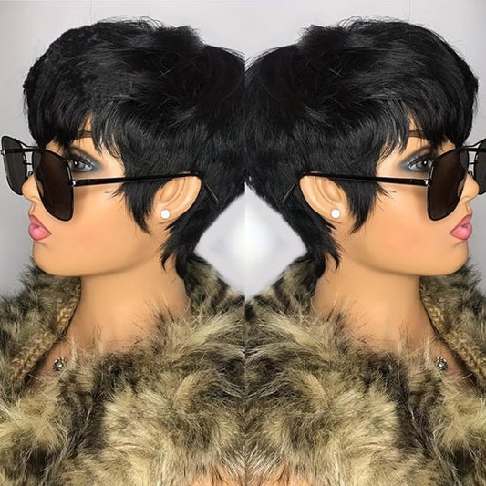 QiaQiaRing Chic Elegent Pixie Cut Wigs for Black Women Natural Black Daily Use Color Glueless Short Layered Pixie Wigs With Bangs Brazilian Virgin Straight Human Hair (Black)