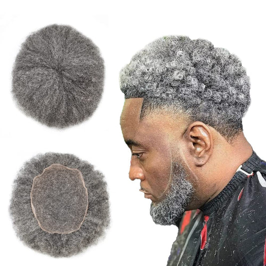 Afro Toupee For Black Men Human Hair All Transparent Lace Man Weave Balding Mens Custom Hair Unit 8X10inch Male Hair Replacement with weaves Light To Medium (10"*8", #1B50 Off Black+50% Gray-6mm)