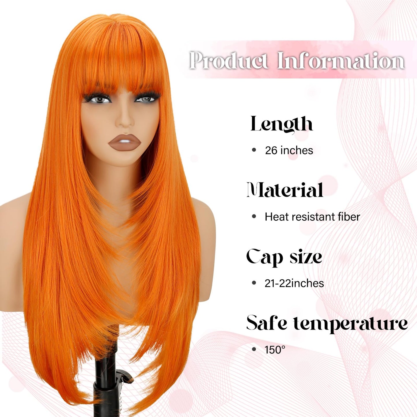 NOVFLKW Orange Long Straight Layered Wig with Bangs for Women 26 inch Put on Go Realistic Synthetic Fiber Heat Resistant Natural Wig for Girls Party Cosplay and Daily Use