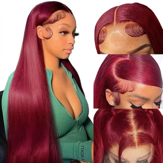 ROLKISA 99j Burgundy Lace Front Wigs Human Hair 34Inch 13x6 Lace Front Wigs Human Hair Straight Red 180% Density HD Lace Front Human Hair Pre Plucked Pre Cut Glueless Wigs Colored For Women