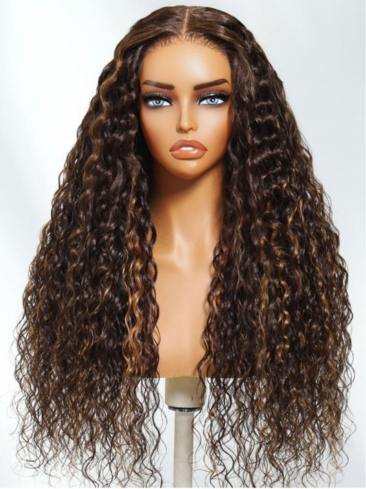 Sunber Ombre Brown Highlights Honey Blonde Water Wave Human Hair Glueless Wig Bye Bye Knots Pre Everything 7x5 Lace Front Pre Cut Lace Pre Plucked Pre Bleached Knots 150% Density 3S Pull Go 22Inch