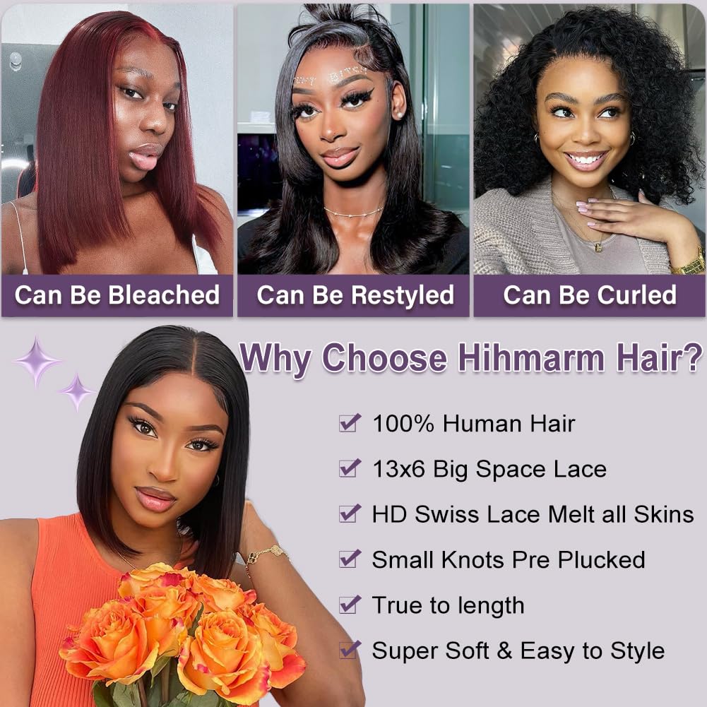 Hihmarm Bob Wig Human Hair 13X6 HD Lace Front Wigs Human Hair Pre Plucked Short Bob Wigs For Black Women Frontal Wigs Wear And Go Straight Glueless Wig 180% Density Natural Color 12 Inch