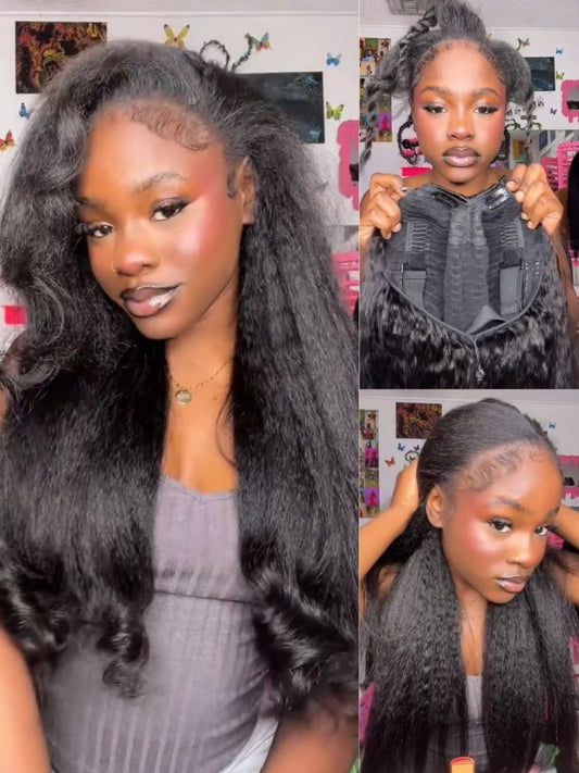 Sunber V Part Wig Human Hair Glueless Wig Kinky Straight Upgrade No Leave Out Vpart Kinky Straight Wigs 150% Density Glueless Clip in Half Wigs No Glue No Sew in Beginner Friendly 18Inch