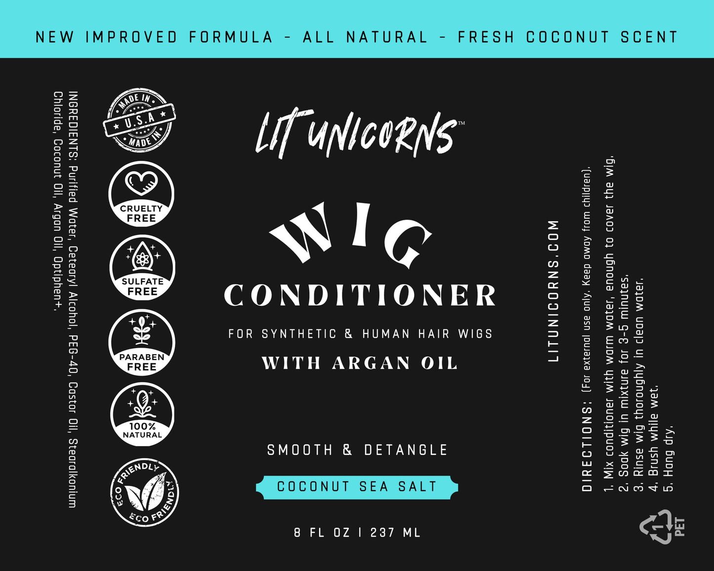 LIT UNICORNS All Natural Wig Shampoo & Conditioner Set for Human Hair and Synthetic Wigs. Clean | Detangle | Soften. Keep Your Wig Fresh - Coconut Scent (16oz Flip-Top)