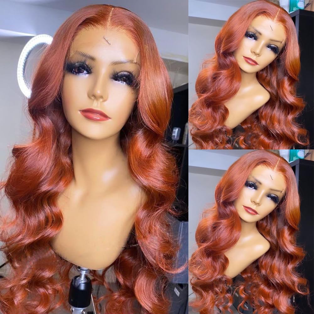 SISIFIRE Ginger Orange Body Wave Lace Front Wigs for Women Heat Resistant Fiber Long Loose Wavy Lace Wig with Baby Hair Orange Synthetic Glueless Lace Front Wig for Daily Party Use