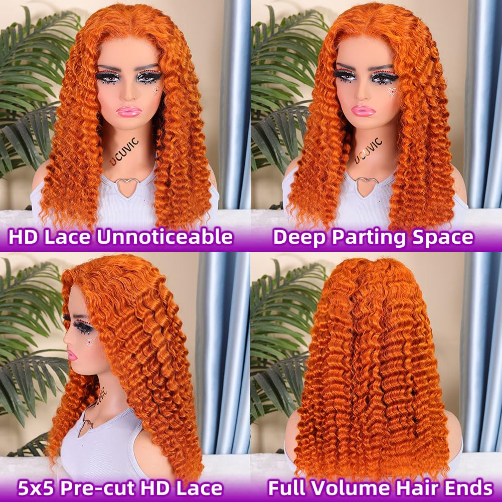 UCUVIC Wear And Go Glueless Wigs Human Hair Pre Plucked Pre Cut Curly 5x5 Deep Wave Bob Wig Human Hair Lace Front Closure Wigs For Black Women 200 Density Curly Wig Glueless Wear And Go Ginger 18 Inch