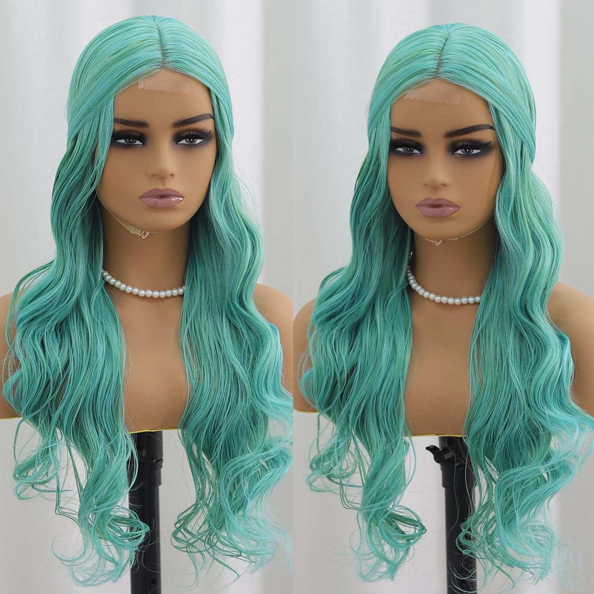 SISIFIRE Highlight Long Wavy Wigs for Women Green Middle Part Loose Curly Wave Wig Synthetic Heat Resistant Fiber Wig for Halloween Cosplay Christmas Wigs