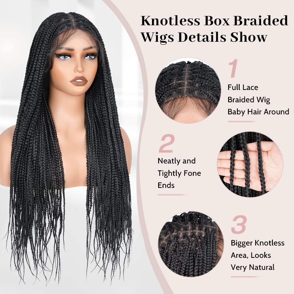 Suntefic Box Braided Wigs for Black Women Glueless Box Braids Wig with Baby Hair Double Full Lace Front Braid Wig Human Hair Blended Braided Wigs (Box Braid（Black）