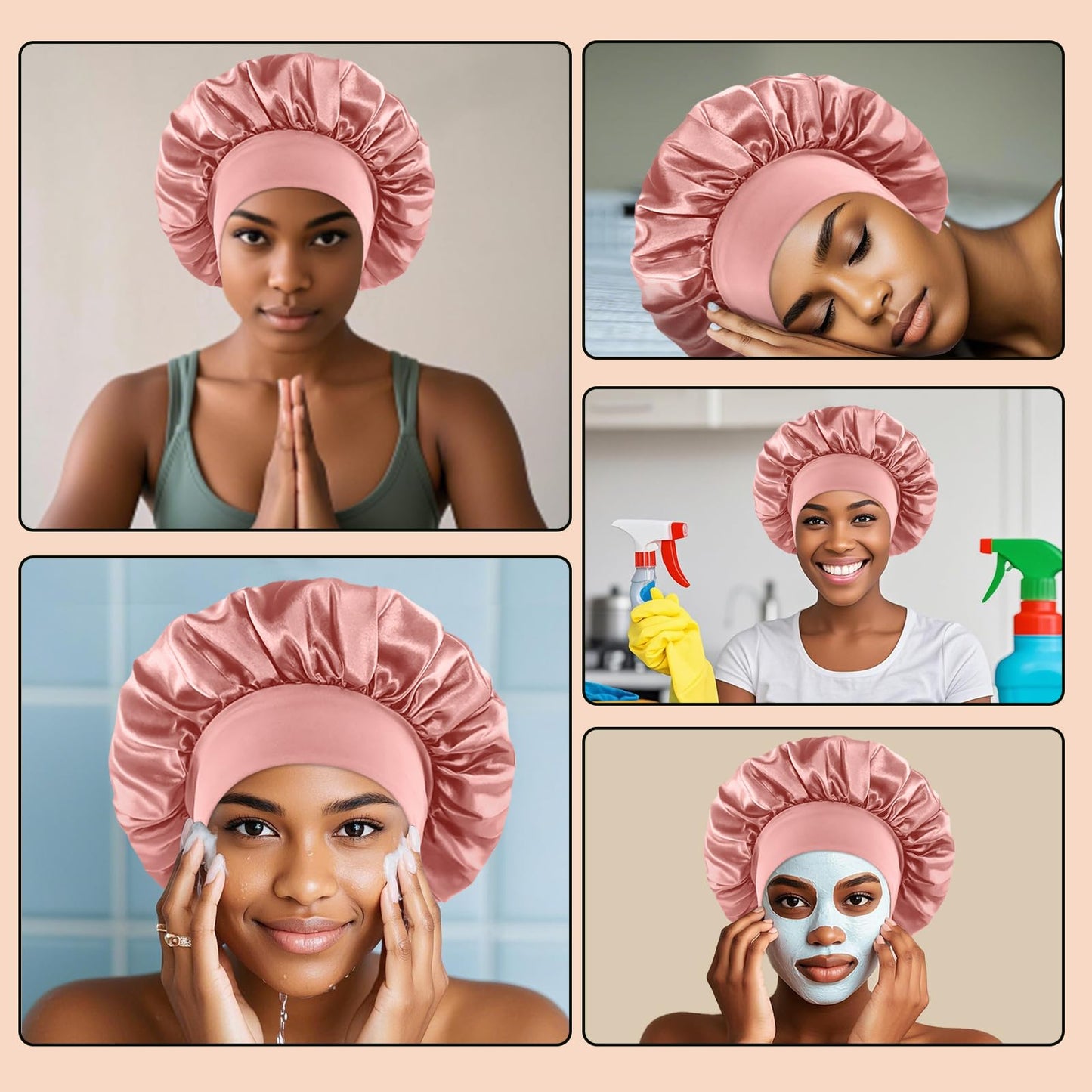 4PCS Silk Satin Bonnets for Black Women & Men - Elastic Wide Band Hair Wrap Cap for Curly Hair - Shower Cap for Sleeping (Blush Pink，Black, Peacock Blue, Purple)
