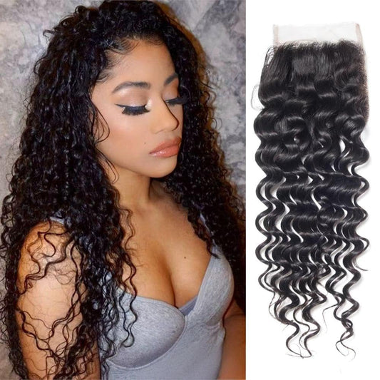Rebasar 4x4 Hd Lace Closure Human Hair 8 Inch Free Part Deep Wave Closure Virgin Remy Curly Human Hair for Women Transparent Lace Closures Pre Plucked Natural Black