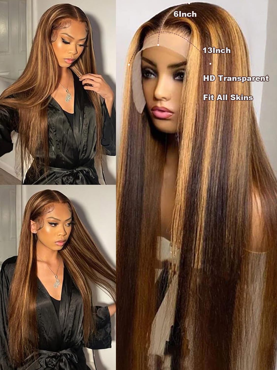 Ladoux Ombre Honey Blonde 13x6 HD Transparent Straight Lace Front Human Hair Wigs for Women 180% Density 4/27 Colored Highlight Curly Glueless Straight Wigs 20Inch Pre Plucked with Baby Hair