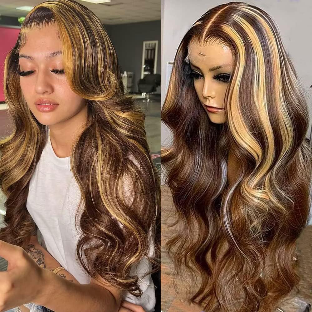Loyom Highlight Ombre Lace Front Wig Human Hair Pre Plucked 13x4 HD Transparent Body Wave Lace Front Wigs Human Hair with Baby Hair 200 Density 4/27 Honey Blonde Lace Front Wig Human Hair 22 Inch