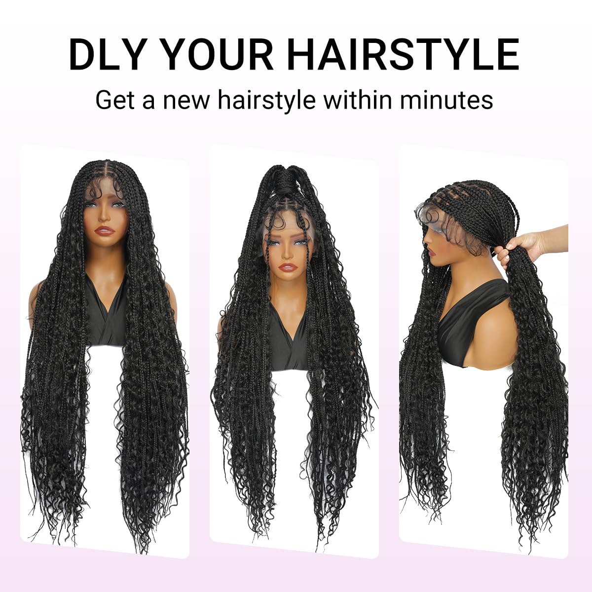 SUPERNOVA Knotless Boho Box Braided Wigs For Black Women 36inch Square Knotless Full Lace Box Braid Wig Goddess Braided Wig With Baby Hair Bohemian Curly Ends Synthetic Boho Braids Wig (36 Inch)