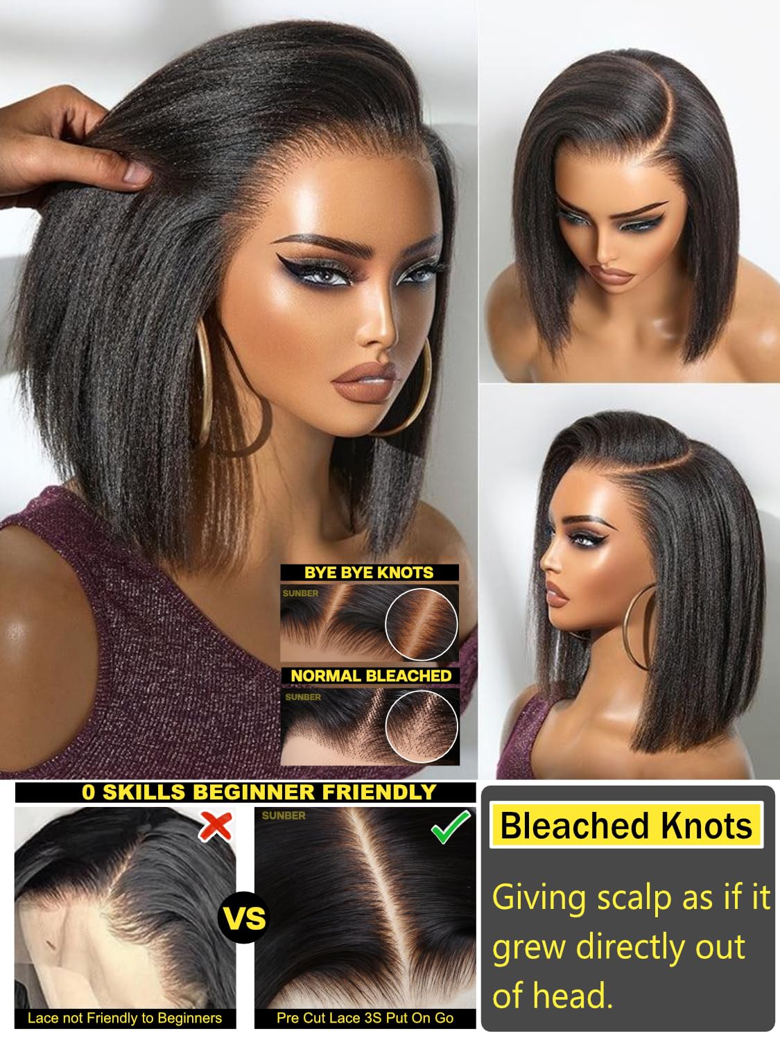 Sunber Glueless Yaki Straight Bob Wigs Pre Plucked Pre Bleached Bye Bye Knots Human Hair Wig Natural Black Pre Cut 7x5 Lace 150% Density Put On Go Pre Bleached Invisible Knots 10Inch