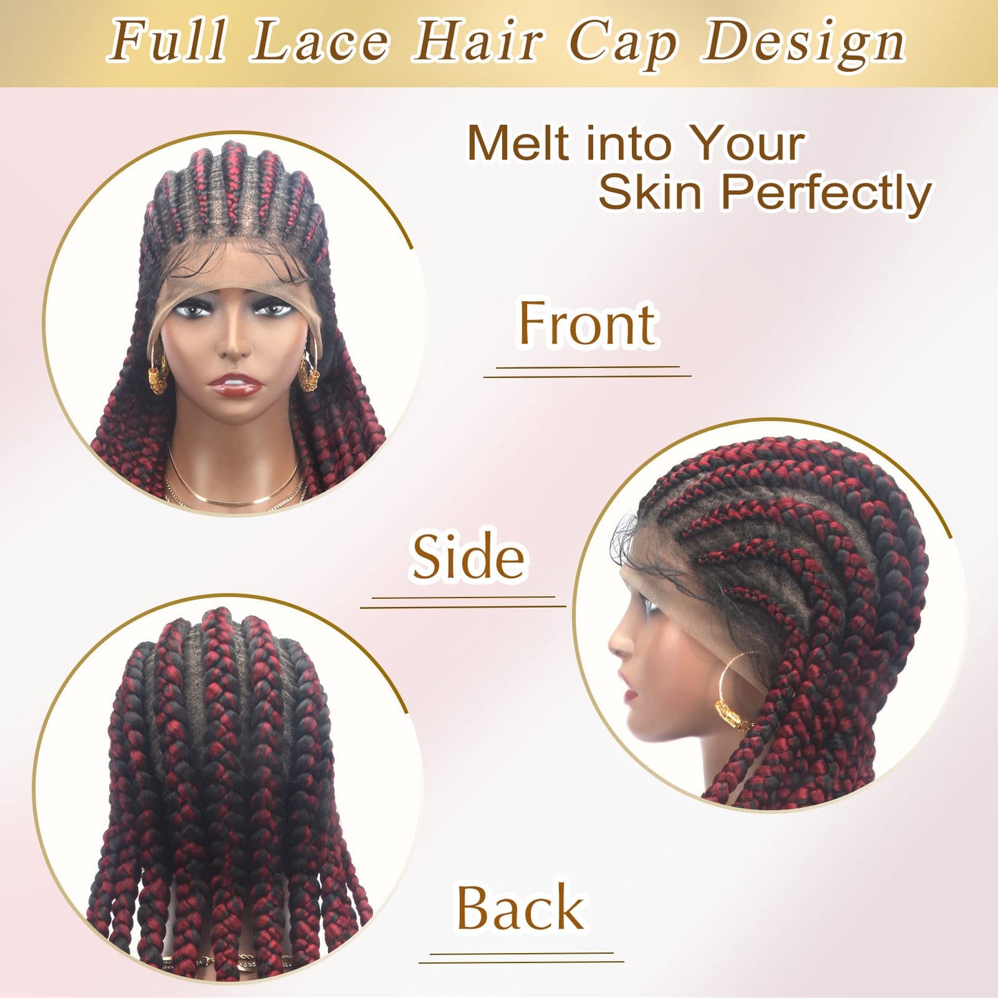 Alebery 36" Full Lace Braided Wigs for Black Women Jumbo Box Braids Lace Front Wig with Baby Hair Lightweight Synthetic Lace Frontal Black Cornrow Twisted Wigs (Burgundy Mixed Black)
