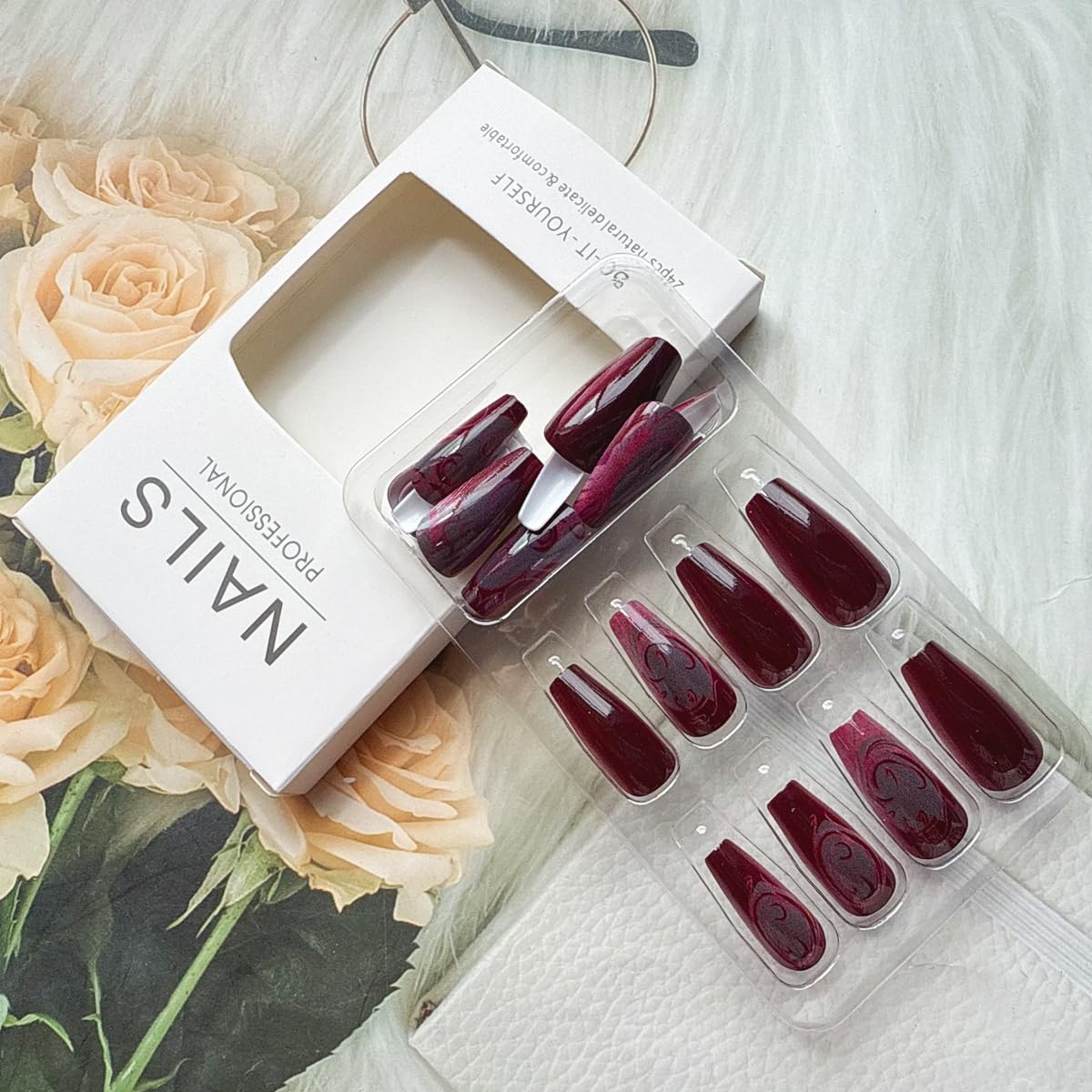 Medium Press on Nails Coffin Fake Nails with Designs Ballet Acrylic Nails Press on Glossy Rose Red Totem Gothic Style Gel False Nail Kits Reusable Stick on Nails for Women Manicure Decorations 24PCS