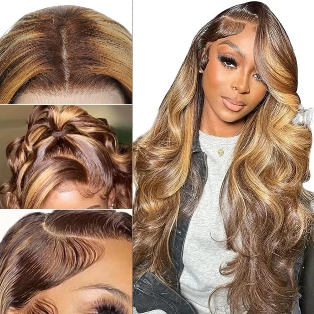 SERUYLEO Highlight Lace Front Wigs Human Hair Pre Plucked 4/27 13x4 Ombre Honey Blonde Transparent Lace Front Wigs Human Hair for Women 180% Density Body Wave Glueless Human Hair Wigs 22 Inch
