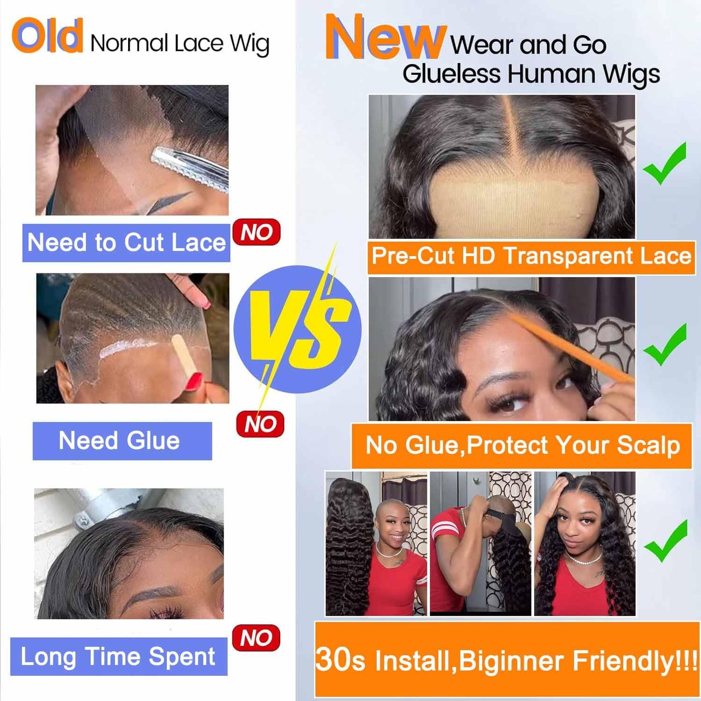 WPPIKK Wear and Go Glueless Wigs Human Hair Pre Plucked Pre Cut Brazilian Deep Wave Lace Front Wigs Human Hair 4x4 Lace Closure Wig for 4x4 Lace Black Color Women Glueless (28 Inch)