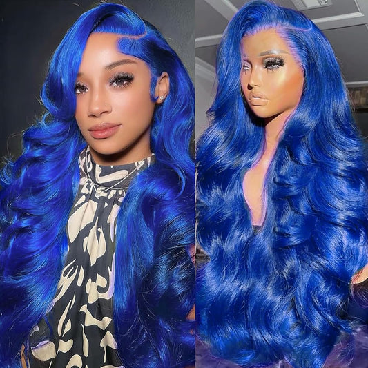 Boumon Blue Lace Front Wig Human Hair 13x4 HD Navy Blue Wig Human Hair Body Wave 200 Density Lace Frontal Wig Glueless Dark Blue Wig 26 Inch