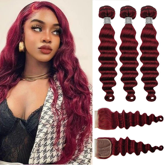Loose Deep Wave Burgundy Bundles Human Hair with Hd Lace Closure 20 22 24+20inch, 10A Raw Brazilian Human Hair Weave Bundles Wine Red Color