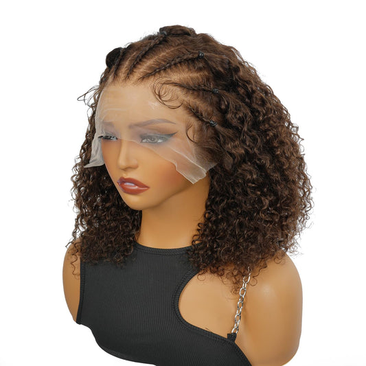 SUPERNOVA Dark Brown Curly Human Hair Wig 4# Color 13x4 Lace Front Half-Cornrows Curly Wig Human Hair Pre Styled Pre Plucked Transparent Lace Short BOB Braided Wigs For Black Women 200 Density 14Inch