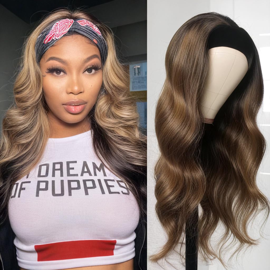 olimaruly Body Wave Headband Wig Human Hair Highlight Ombre 22 Inch Glueless None Lace Front Wigs Brazilian Virgin Hair #4/27 Honey Blonde Headband Wigs for Black Women 150% Density