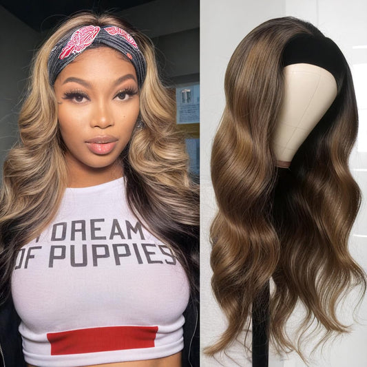 olimaruly Body Wave Headband Wig Human Hair Highlight Ombre 22 Inch Glueless None Lace Front Wigs Brazilian Virgin Hair #4/27 Honey Blonde Headband Wigs for Black Women 150% Density
