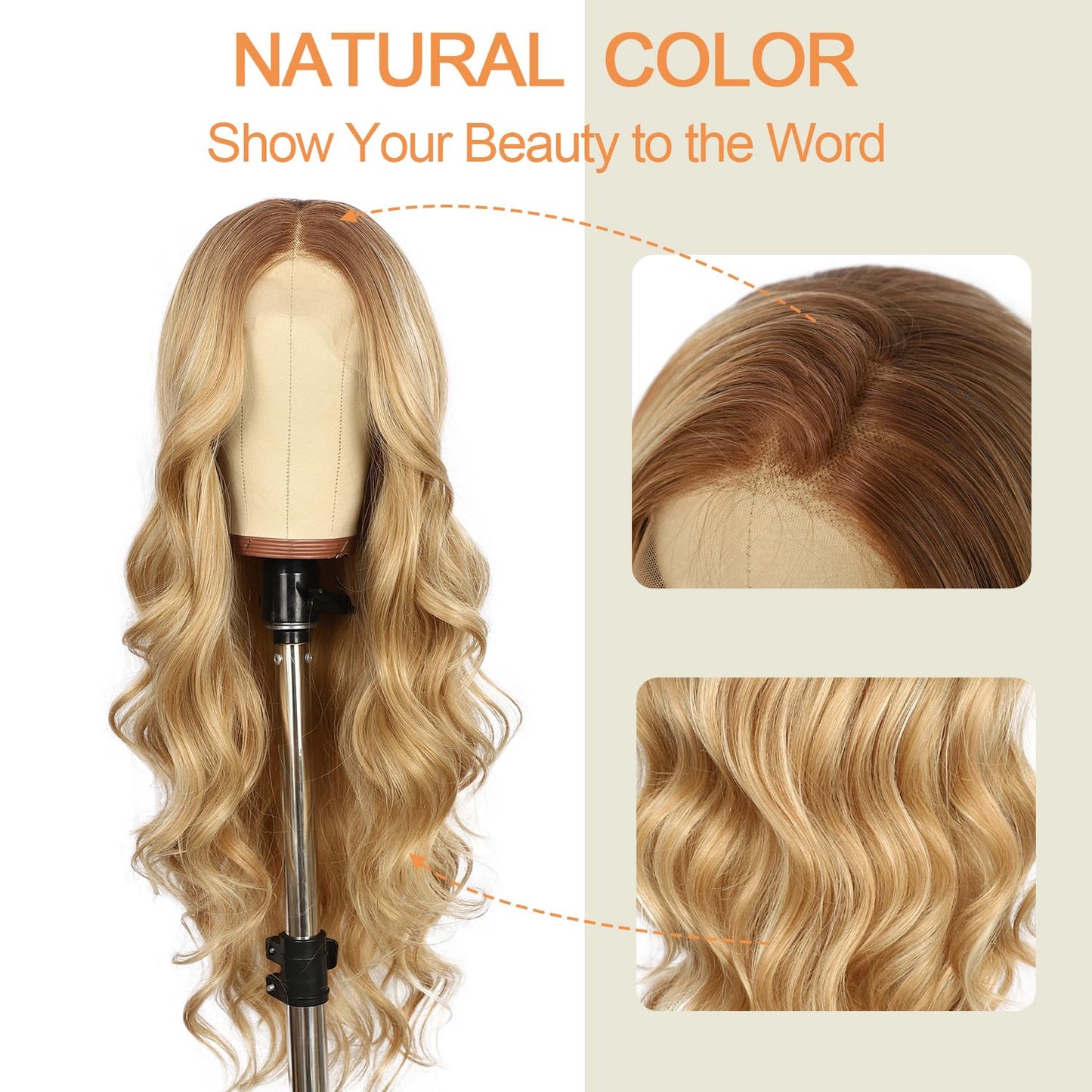 SAPPHIREWIGS Long Wavy Wig for Women Synthetic Lace Front Wig Ombre Honey Blonde Body Wavy Hair Heat Resistant Fiber Hair for Daily Party Use 26 Inch