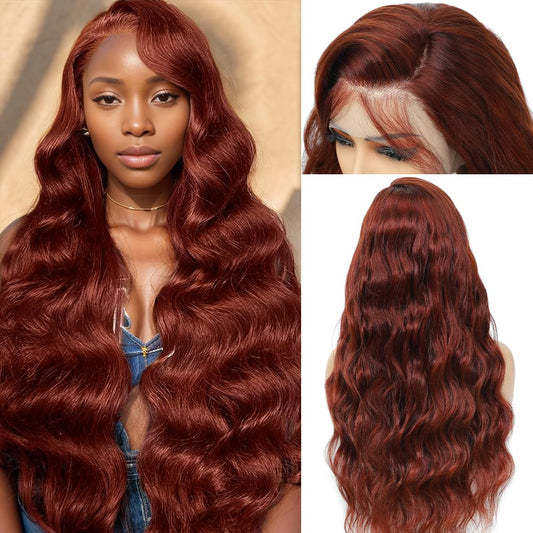 Reddish Brown Lace Front Wigs Human Hair Pre Plucked 200% Density Body Wave Auburn Colored Human Hair Wig 13x4 HD Lace Front Wigs Human Hair For Women Lace Frontal Wig 28 inch