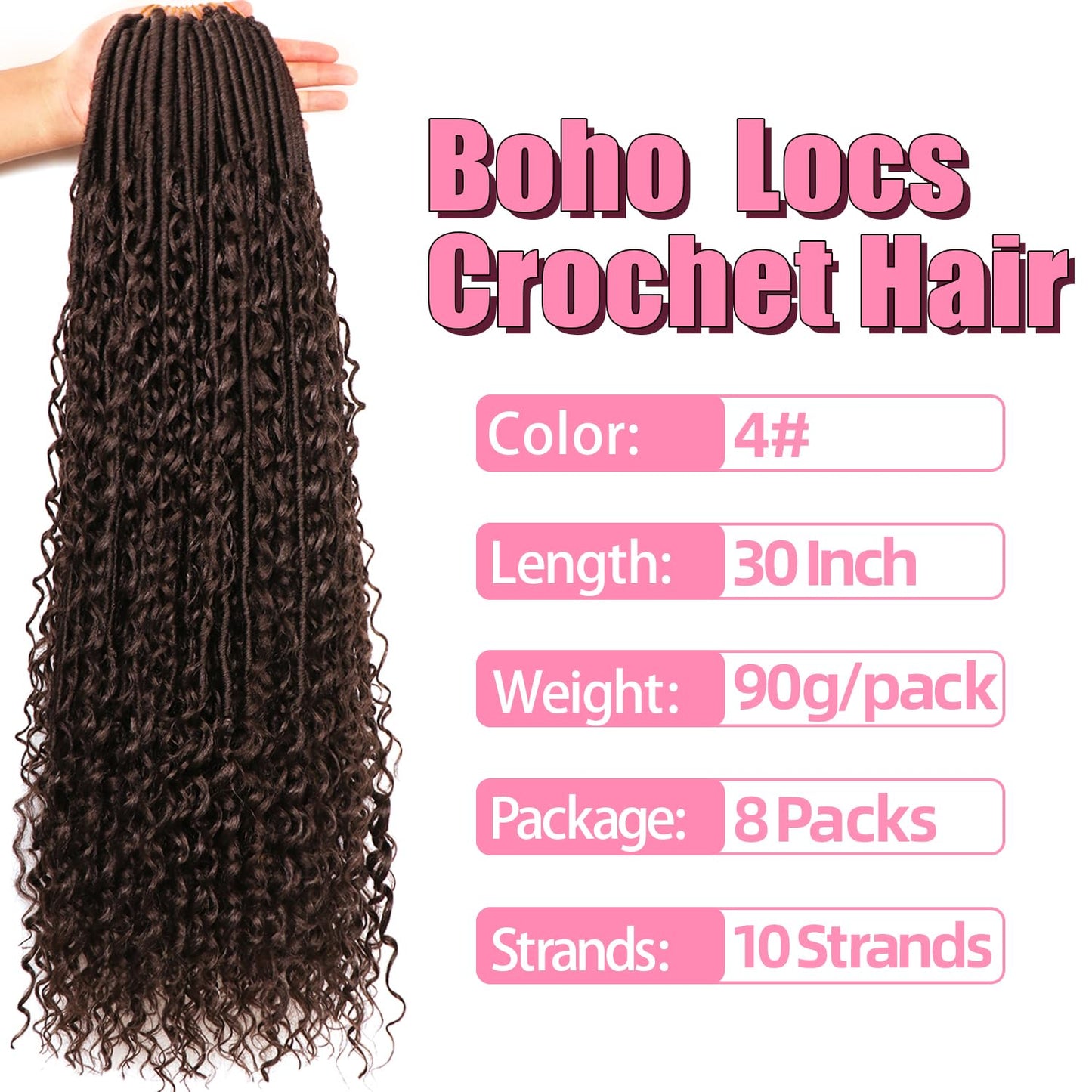 Soft Boho Locs Crochet Hair for Black Women-30 Inch 8 Packs Goddess Faux Locs Crochet Human Hair Feeling Pre Looped with Curly Ends (#4, 30 Inch(Pack of 8))