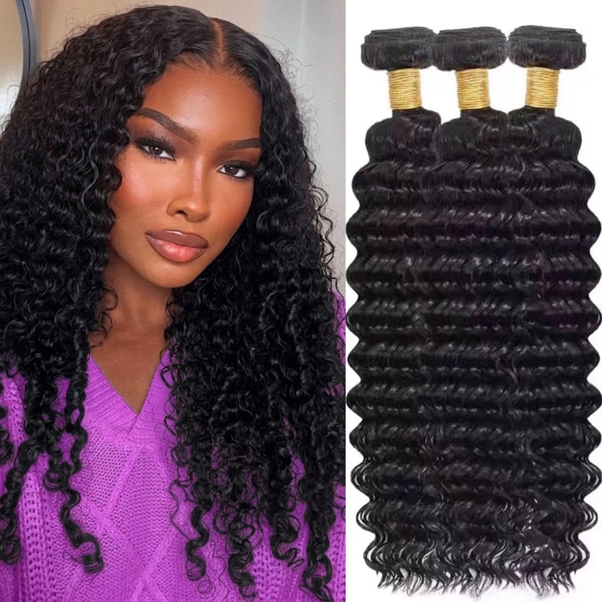 Bexclent Deep Wave Human Hair Bundles 8 10 12 Inch 100% Unprocessed Brazilian Virgin Hair Wet and Wavy Quick Weave Hair Extensions for Women Natural Black