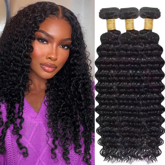 Bexclent Deep Wave Human Hair Bundles 8 10 12 Inch 100% Unprocessed Brazilian Virgin Hair Wet and Wavy Quick Weave Hair Extensions for Women Natural Black