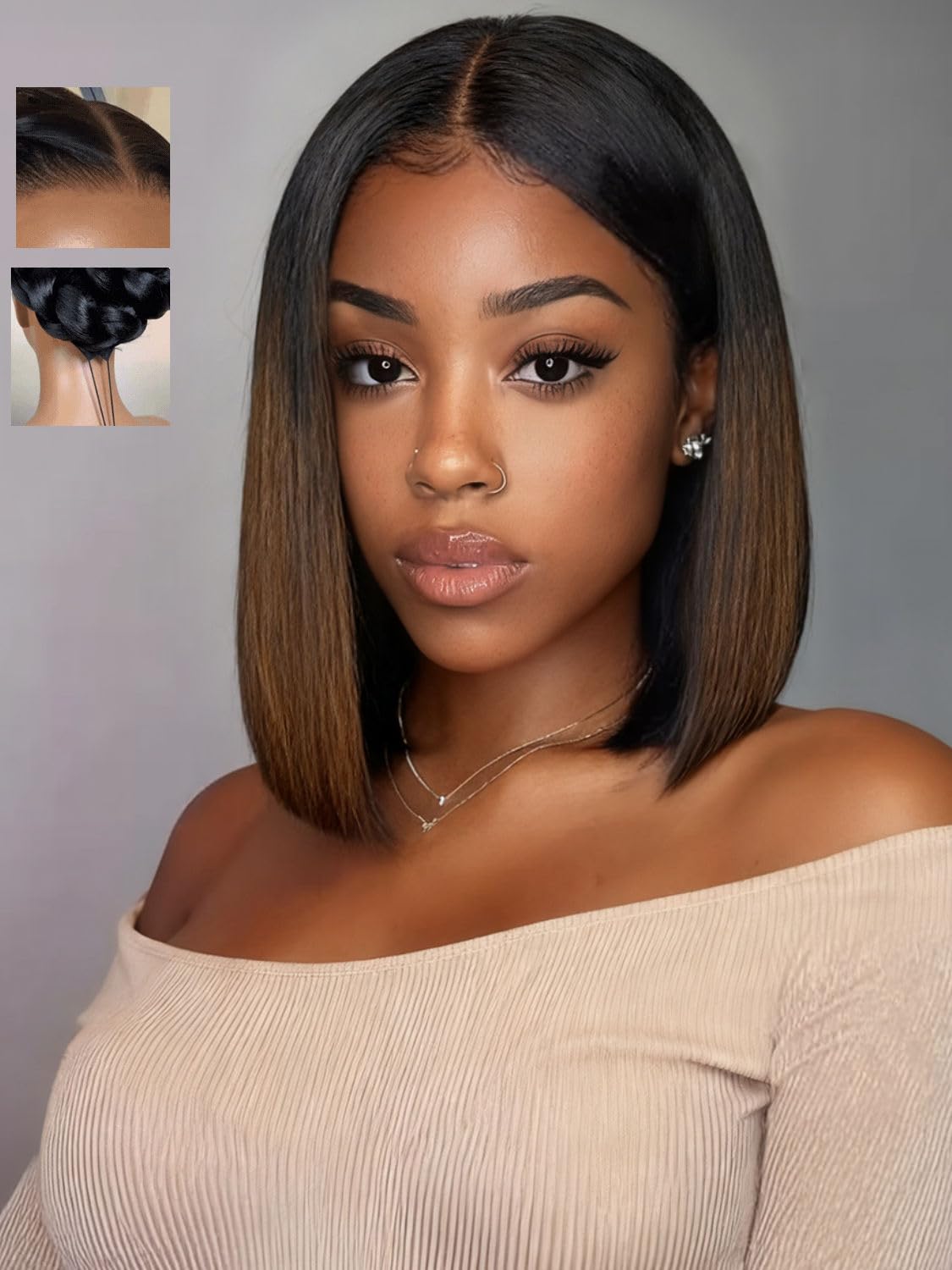 Beauty Forever Bob Drawstring Wig Human Hair Black to Chestnut Brown Yaki Straight Bob Glueless 13x4 Pre Everything Lace Front 150% Density 14 Inch Pre Cut Plucked Bye Bye Knots Ready to Go Short Wig
