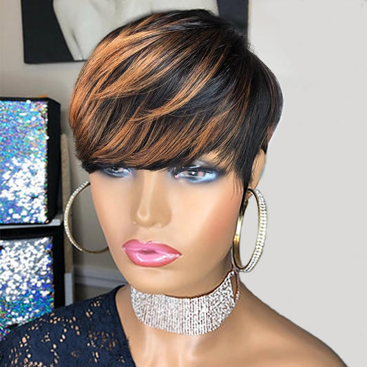 Flandi Pixie Cut Wigs for Black Women Pixie Cut Wig Human Hair Short Layered Wigs Full Machine Made Short Haircut Wig Glueless with Bangs Black with Brown F1B33