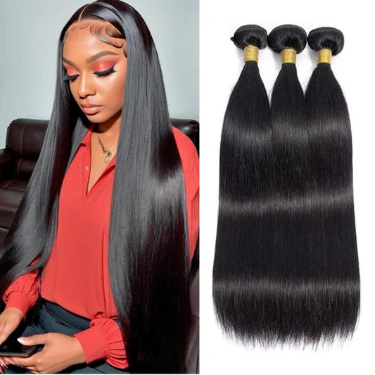 SIIKAP Straight Human Hair Bundles 100% Unprocessed 12A Brazilian Virgin Hair 14 14 14 Inch Straight Bundles Human Hair Double Weft 3 Bundles Straight Weave Natural Black
